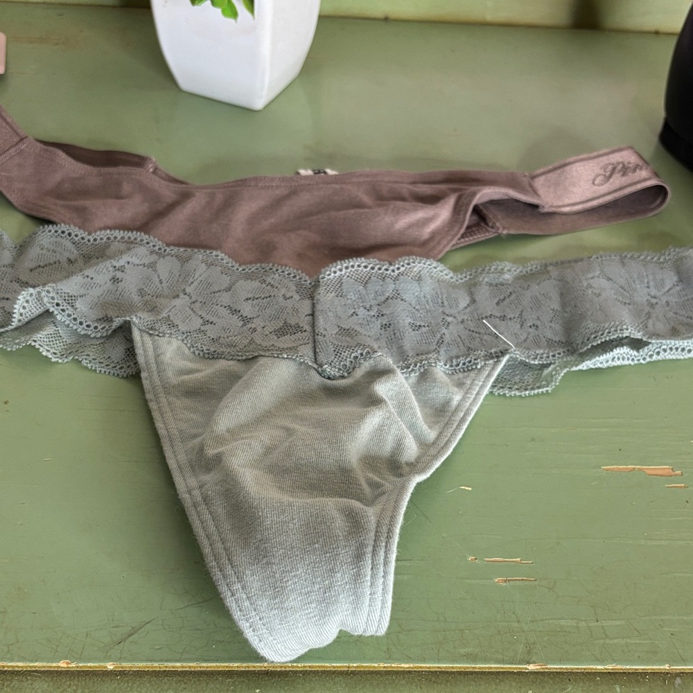 PINK Victoria's Secret Lace-Trim Thong in  taupe and Sage